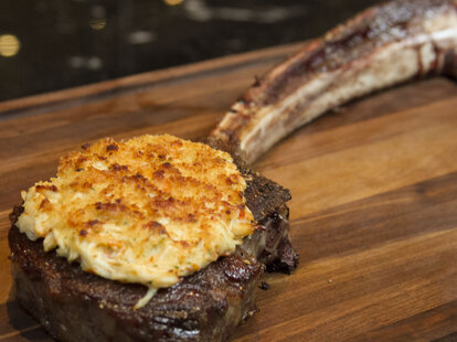 Crab crusted tomahawk steak at RED Steakhouse