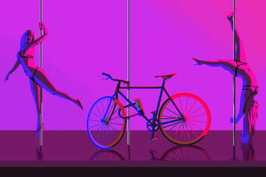 illustration of hipster strip club strippers fixed gear bicycle williamsburg new york
