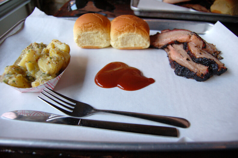 Brisket, rolls, and potato salad at Fette Sau