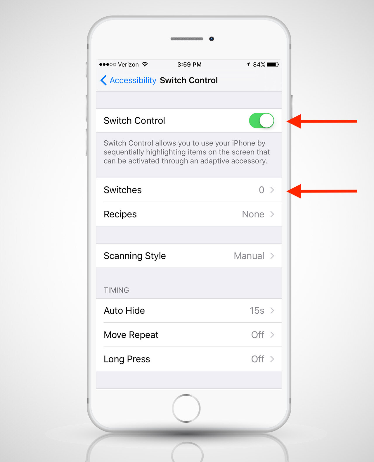 screenshot of switch control settings on iPhone 6s
