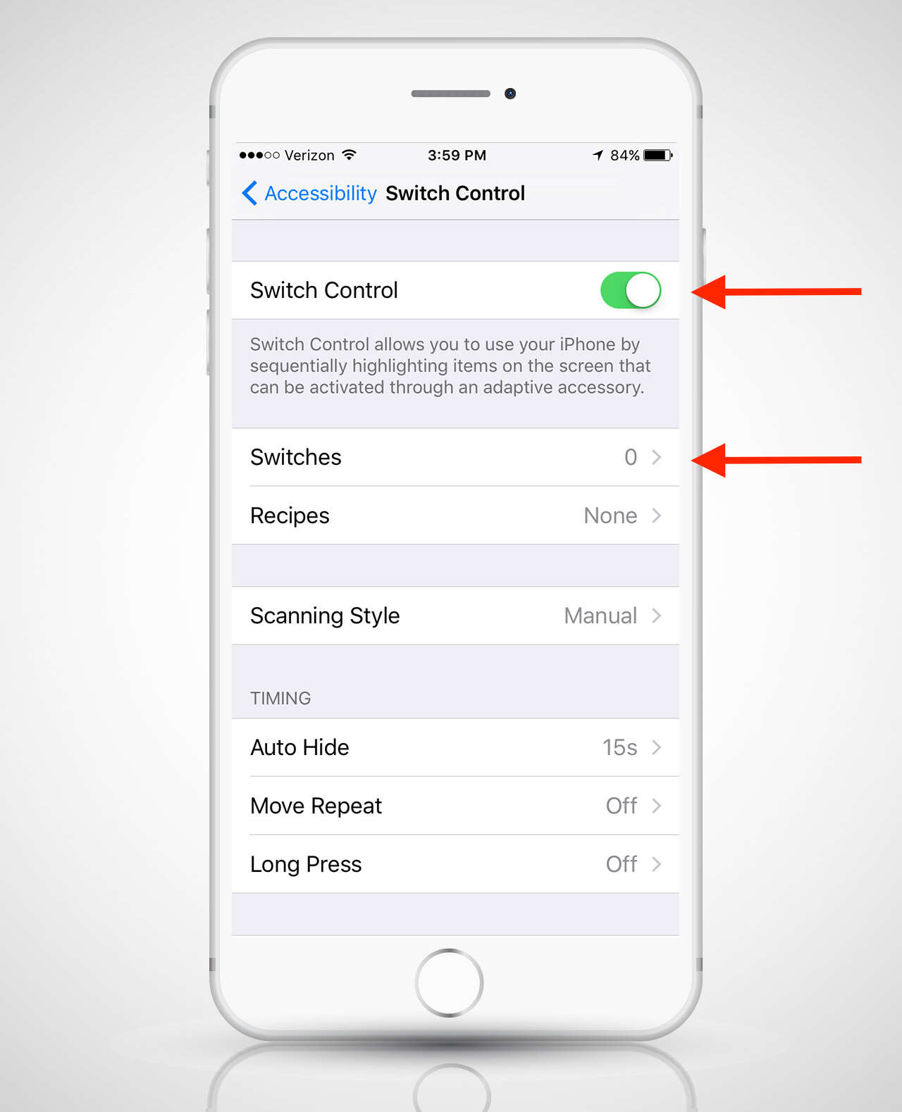 screenshot of switch control settings on iPhone 6s