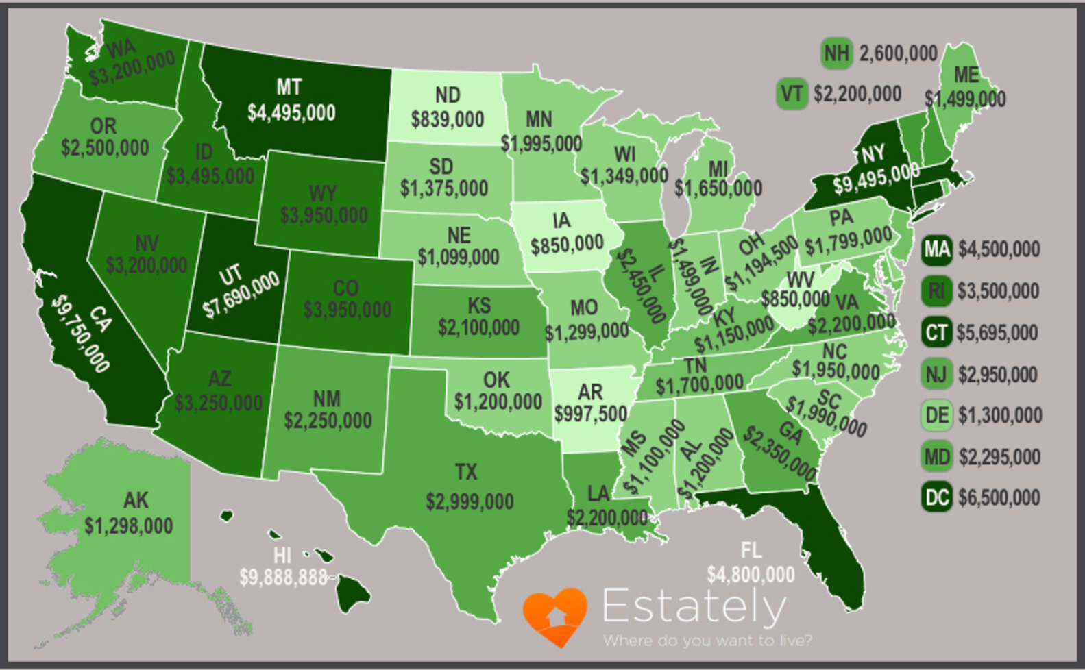 Luxury Home Cost in Every State - Map - Thrillist
