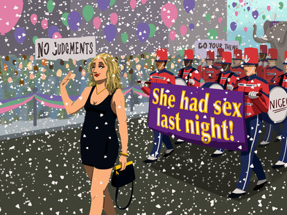 Illustration by Jason Hoffman of woman doing walk of shame