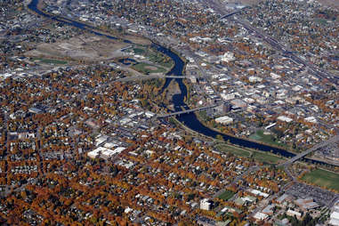 Aerial view of downtown Missoula Montana cityscape overheard