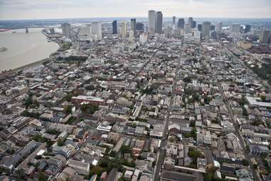 aerial of New orleans French Quarter overheard cityscape