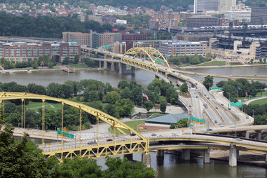 Fort Pitt bridge Pittsburgh Pennsylvania overhead shot