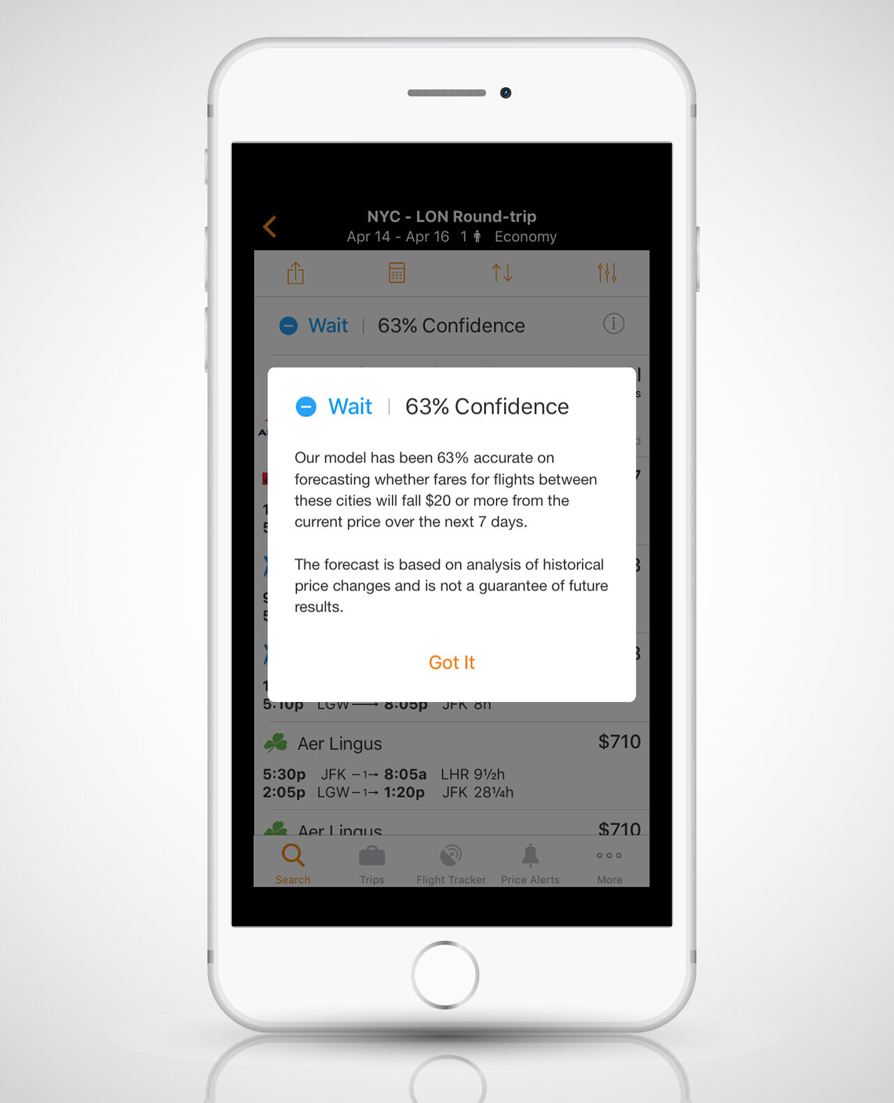 screenshot of Kayak’s mobile app on iPhone 6s