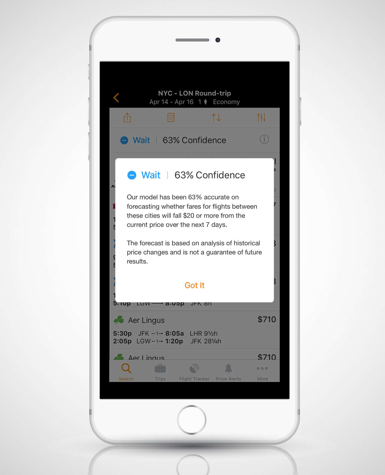 screenshot of Kayak's mobile app on iPhone 6s