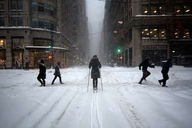 people in new york city in the snow