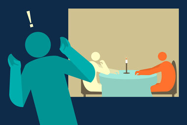 Jason Hoffman illustration of man seeing his ex through a restaurant window and freaking out