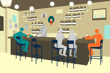 Jason Hoffman illustration of an ex catching a glimpse of a former partner at the end of the bar