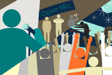 Jason Hoffman illustration of people at open mic and different event hula hooping