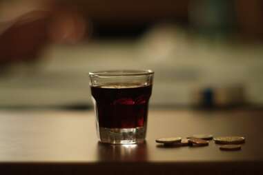 Shot glass full of Jagermeister