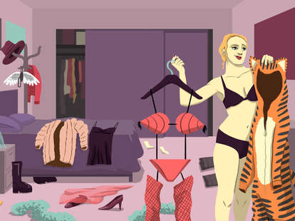 Jason Hoffman illustration of female picking out an outfit for Berlin sex club night