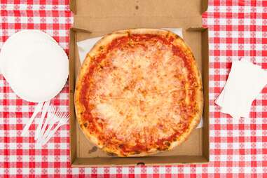 cheese pizza in a delivery box