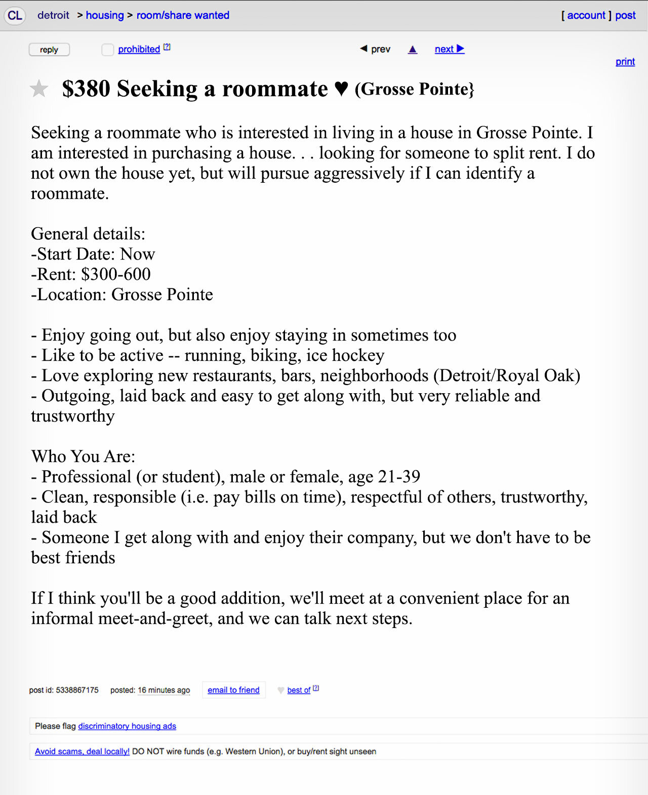 Screenshot via Craigslist