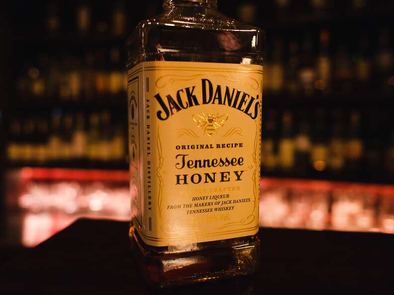 jack daniels honey whiskey bottle close up