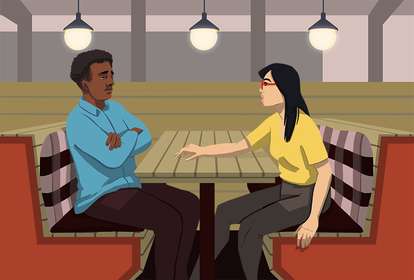 illustrated gif of a man ghosting a woman on a date