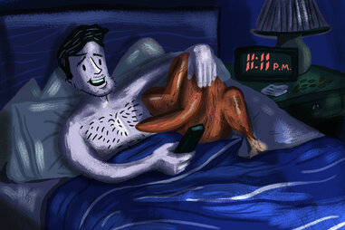 Illustrated man in bed snuggling with a rotisserie chicken