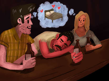 Illustrated couple at bar thinking up a way to go home and go to bed