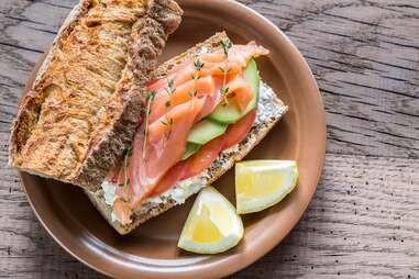close up of salmon sandwich