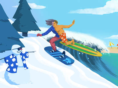 Jason Hoffman Thrillist illustration of a man surfing and snowboarding at the same time