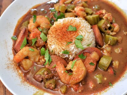 gumbo close up cajun dish rice shrimp