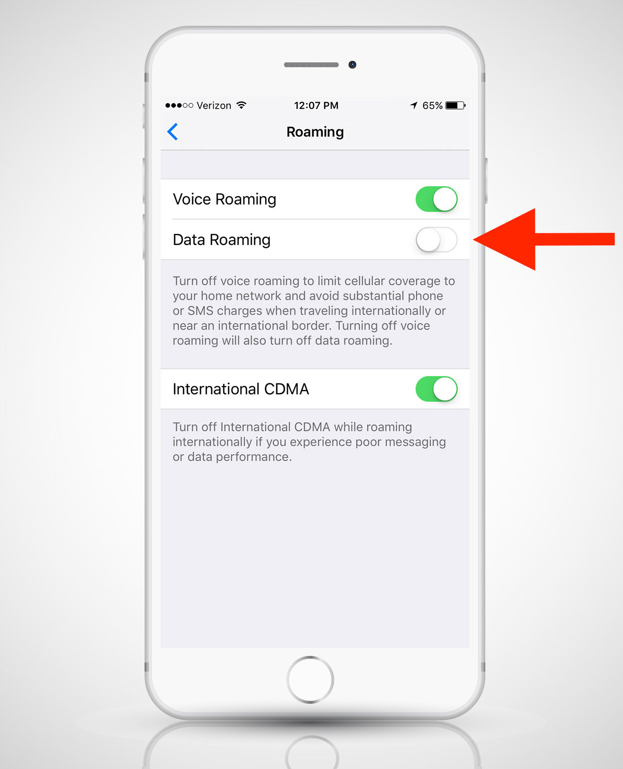 data roaming settings on iphone 6s