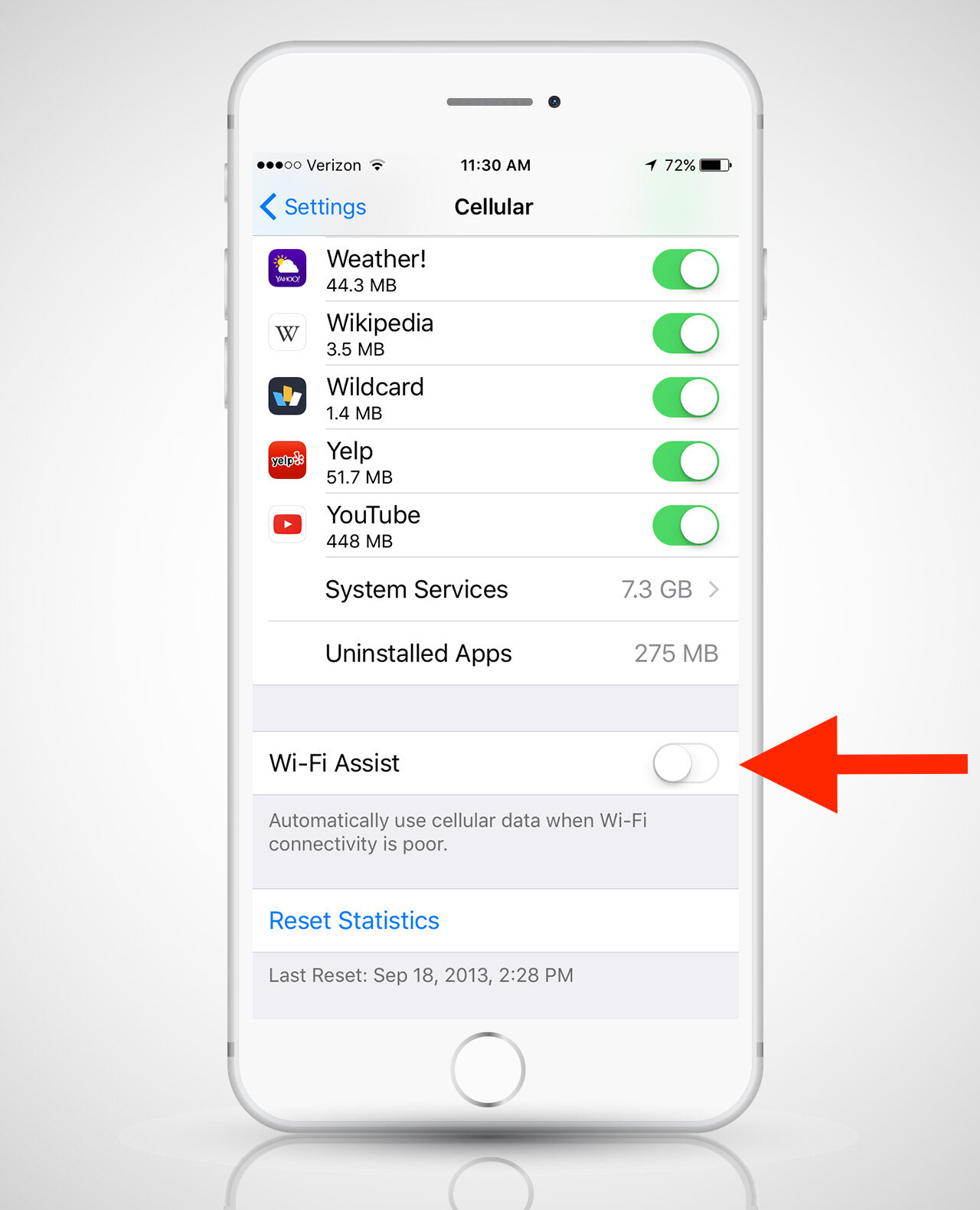 Wi-Fi Assist settings page on iphone 6s