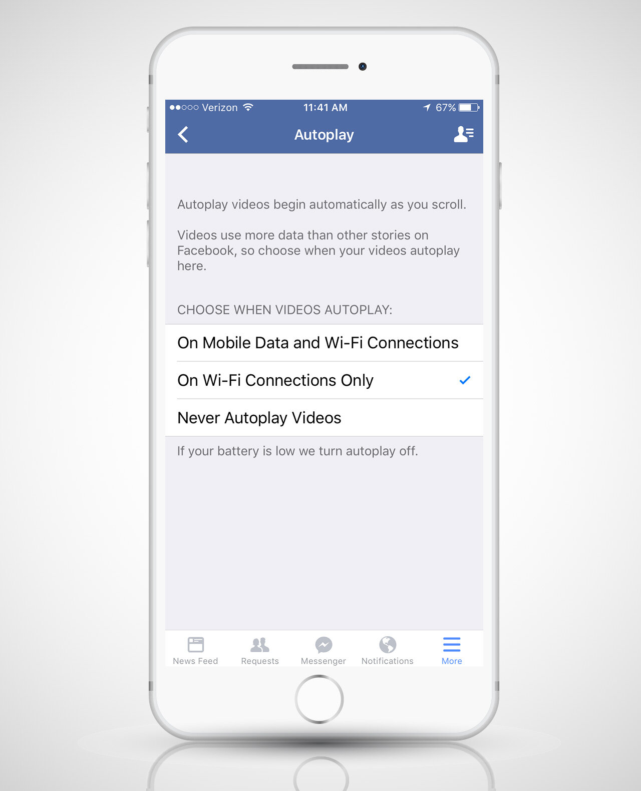 facebook settings page on iphone 6s