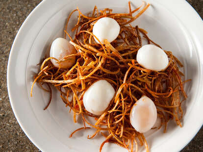 Quail Eggs and Fried Onions at Old Bus Tavern