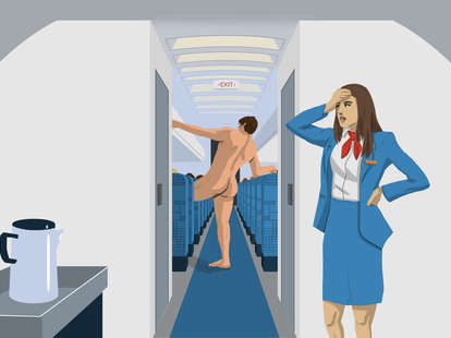 a flight attendant annoyed at a naked customer