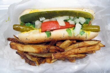 chicago style hotdog close up