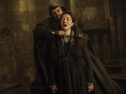 Michelle Fairley as Catelyn Stark at the Red Wedding in HBO Game of Thrones