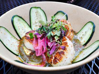 microgreens, cucumbers, scallops