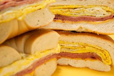 taylor ham egg and cheese on a bagel and roll