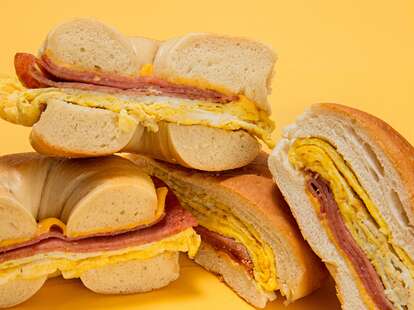 taylor ham egg and cheese on a bagel and roll