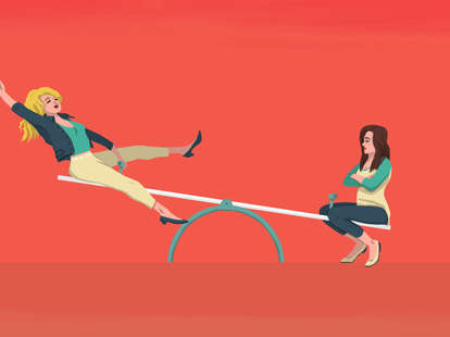 illustration of a blonde and brunette on a seesaw