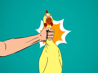 Illustrated hand choking rubber chicken