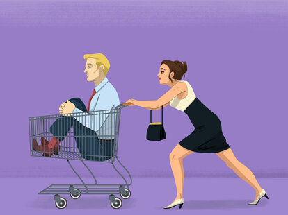 illustration of woman pushing man in shopping cart