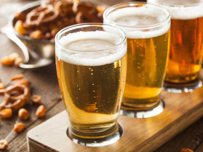 pretzels, peanuts, beer flight