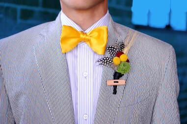 man in seersucker suit and bowtie