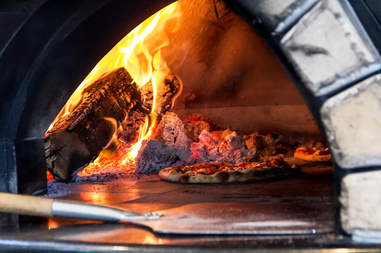 wood fired cooked pizza, wood fire pizza