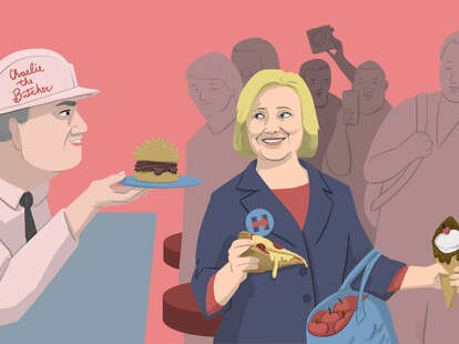 Jason Hoffman illustration for Thrillist of Hillary Clinton eating pizza, beef on weck, and New York apples