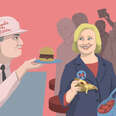 Jason Hoffman's illustration for Thrillist of Hillary Clinton eating pizza and beef on weck