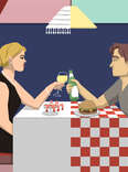 Jason Hoffman's Thrillist illustration of a wealthy woman on a date with a poor boy
