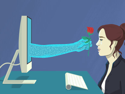 illustration of woman with virtual boyfriend