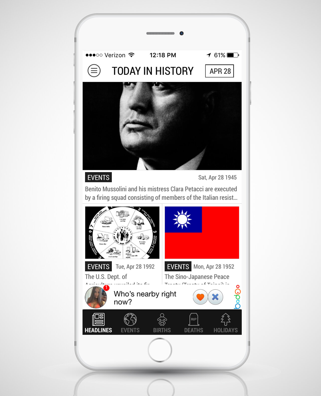 screenshot of TDIH in iphone 6