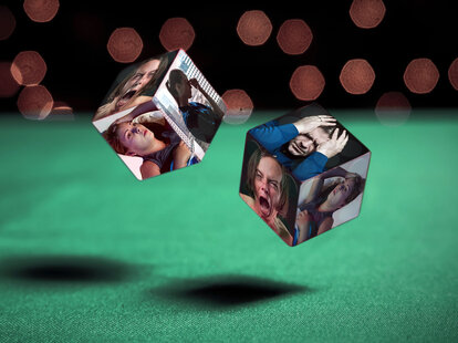Two dice rolling with faces of angst-ridden people