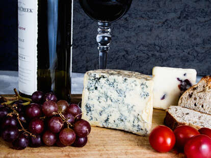 Cheese board with red wine